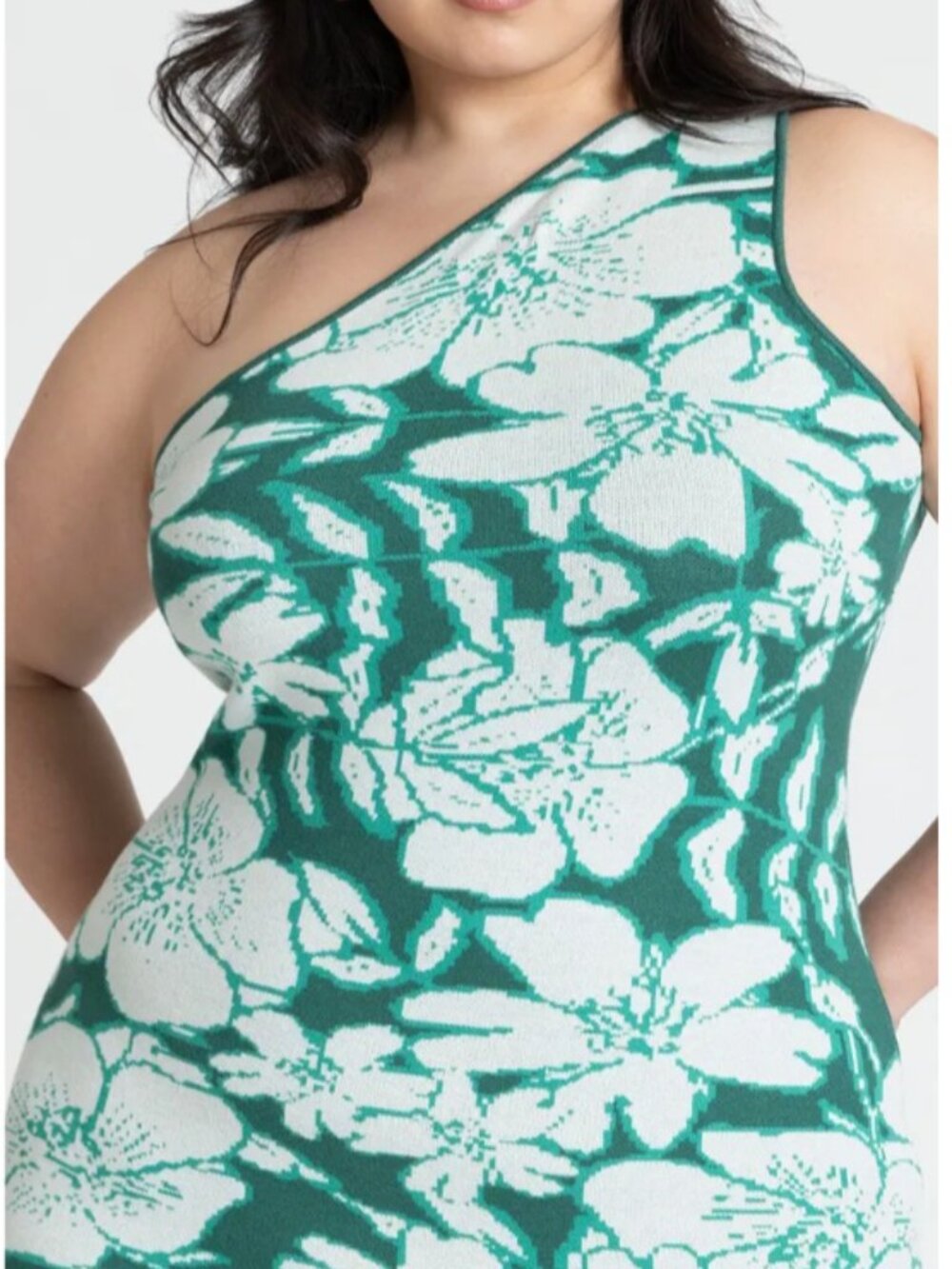 ELOQUII INTARSIA FLORAL ONE SHOULDER SWEATER DRESS GREEN WHITE PLUS SIZE 18/20 - Picture 3 of 15